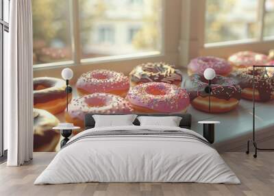 A row of donuts with pink frosting and sprinkles Wall mural