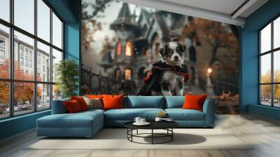 A small dog is wearing a costume and standing in front of a house Wall mural