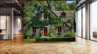 A small house with a red door and a green roof Wall mural