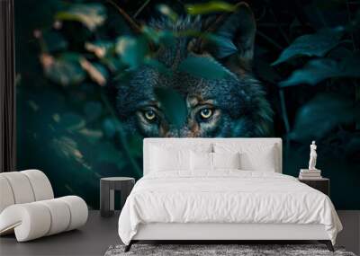 A wolf is looking at the camera in a forest Wall mural