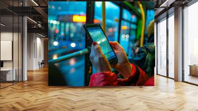 A woman is looking at her phone while riding a bus Wall mural