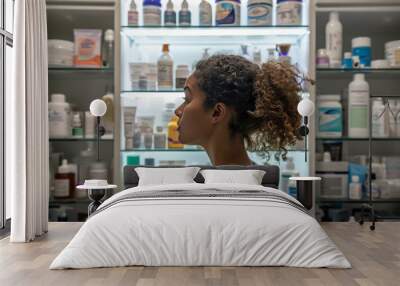 A woman is standing in front of a medicine cabinet with many bottles Wall mural