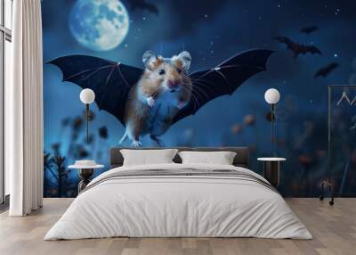 The scene is whimsical and playful, with the hamster taking on the role of a bat Wall mural