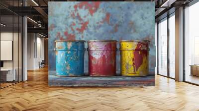 Three old paint cans, one blue, one red, and one yellow Wall mural