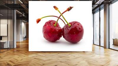 Two cherries are shown with their stems still attached Wall mural