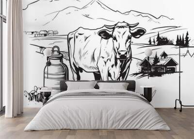 Organic Oasis Milk Can Grass Farm Vector Design Dairy Delight Grass Farm Vector Logo with Bovine Companion Wall mural