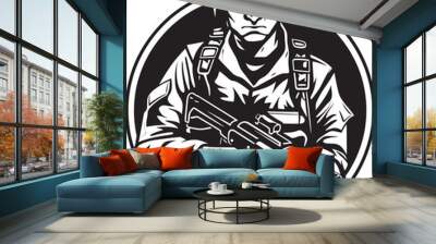 Strategic Sentinel Soldier with Rifle Battle Ready Assault Rifle Vector Emblem Wall mural