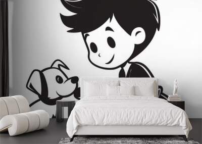 Tender Affection Boy and Puppy Logo Playful Partners Cartoon Small Boy Symbol Wall mural