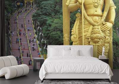 golden statue and staircase to Batu caves Wall mural