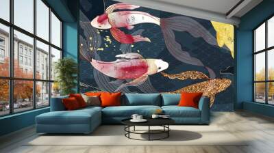 Asian background ,Oriental Chinese and Japanese style abstract pattern background design  with koi fish decorate in water color texture Wall mural