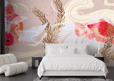 Luxury Asian background ,Oriental Chinese and Japanese style abstract pattern background design  with Goldfish decorate in water color texture Wall mural