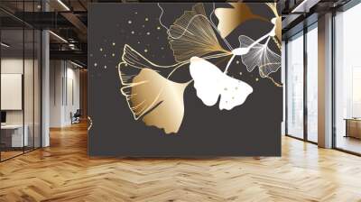 Luxury autumn and fall  background vector with golden metallic ginkgo leaf decorate Wall mural