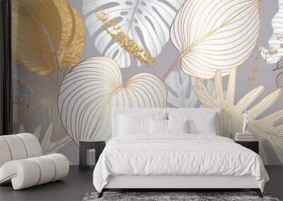 Luxury black and white background vector with golden metallic decorate wall art in tropical summer vibe Wall mural