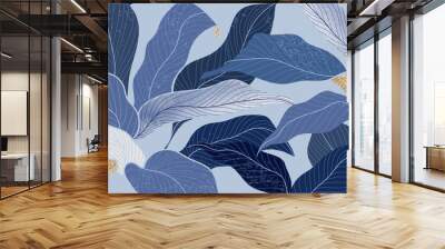 Luxury blue leaf background vector with golden metallic decorate wall art Wall mural