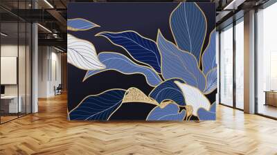 Luxury blue leaf background vector with golden metallic decorate wall art Wall mural