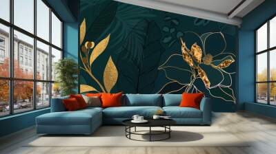 Luxury green summer background and wallpaper vector with golden metallic decorate wall art Wall mural