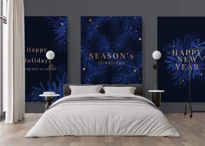 Luxury Happy Holidays invitation card design vector. Elegant Happy New Year card with leaves branch, gold foil texture on navy blue background. Design for Season's Greeting, christmas, cover, poster. Wall mural