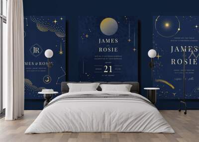 Luxury invitation card design vector set. Elegant wedding card with little star moon sun and space decorative on watercolor navy blue background. Design illustration for cover, poster, gala. Wall mural