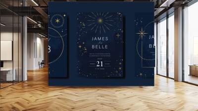 Luxury invitation card design vector set. Elegant wedding card with little star moon sun and space decorative on watercolor navy blue background. Design illustration for cover, poster, gala. Wall mural