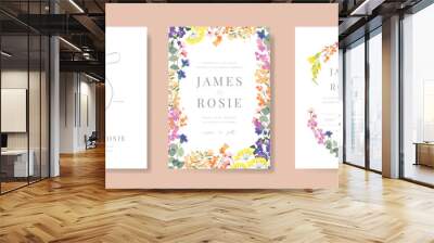 Luxury wedding invitation card background vector. Minimal hand drawn bride and groom in watercolor botanical flowers texture. Design for wedding, vip cover template, rsvp modern card, poster.  Wall mural