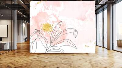 minimal background in pink flowers and tropical summer leaf with golden metallic texture gallery wall art vector  Wall mural