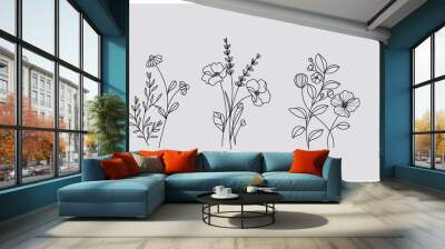 minimal botanical graphic sketch drawing, trendy tiny tattoo design, floral elements vector illustra Wall mural