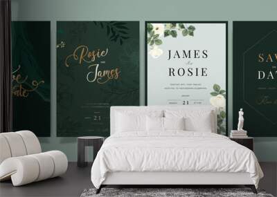 Mix Emerald green Luxury Wedding Invitation, floral invite thank you, rsvp modern card Design in white peony with  leaf greenery  branches decorative Vector elegant rustic template Wall mural