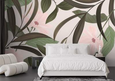 Nature vector background, tropical  leaves and pink flower in dark green tone Wall mural