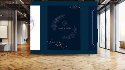 Navy Blue Luxury Wedding Invitation, floral invite thank you, rsvp modern card Design in gold flower with  leaf greenery  branches decorative Vector elegant rustic template Wall mural