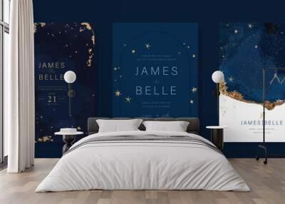 Navy Blue Luxury Wedding Invitation, start invite thank you, rsvp modern card Design in Night sky with  little star moon sun and space decorative Vector elegant rustic template Wall mural