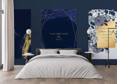 navy blue Luxury Wedding Invitation set,  invite thank you, rsvp modern card Design in little star in dark sky  decorative Vector elegant rustic template Wall mural