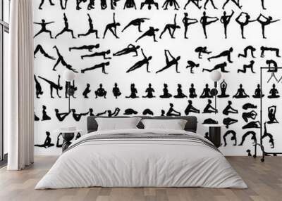 Big set of silhouettes of woman doing yoga exercises.  Icons of girl stretching and relaxing her body in many different yoga poses. Black shapes of woman isolated on white background. Yoga complex. Wall mural