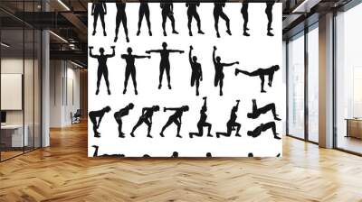 Big set of vector silhouette of sportive woman working out with dumbbells. Girl doing fitness exercises with weights for muscles of arms and legs. Fintess icons. Wall mural