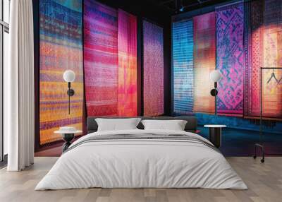 A digital tapestry that displays shifting patterns representing different cultural textiles Wall mural