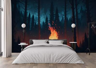 A campfire in the middle of a forest at night, a digital painting, Artstation, icon for weather app, the artist has used bright, realistic fire sharp focus by Generative AI Wall mural