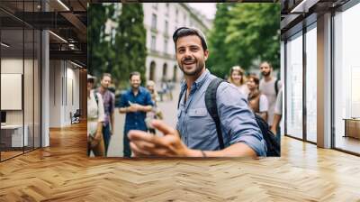 A tour guide leading a group looking at historical landmarks , tour guide, group, historical landmarks Wall mural