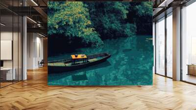 A Boat With A Vintage Look Floating Peacefully On A Calm Sea With The Reflection Of The Setting Sun Creating A Warm Glow. Cozy Vibe, Generative AI Wall mural