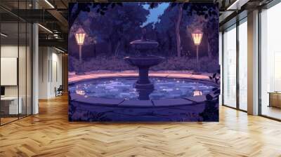 A Peaceful Park Fountain With A Reflective Pool, Nestled Among Softly Glowing Lanterns And Surrounded By The Tranquility Of A Quiet Park. Cozy Vibe, Generative AI Wall mural