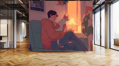 A person smiles while petting a cat on their lap, both of them relaxed in a cozy room, cozy vibe, Generative AI Wall mural