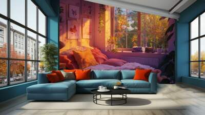 Cozy corner by a window with a fluffy blanket, comfortable pillows, and a warm ambiance. Cozy vibe, Generative AI Wall mural