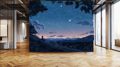 Gazing at a starry sky from a hilltop with distant mountain silhouettes. Cozy vibe, Generative AI Wall mural