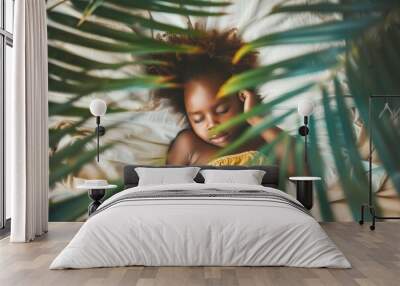 Resting soft cushion sleeping girl's face reflects pure comfort. Curled up mattress child exudes serene calmness sleeping soundly. Image portrays soothing solace and warmth of home and rest. Wall mural