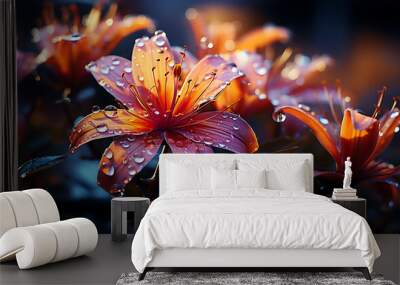 View of warm light as the sun rises and dewdrops glistening on the petals of spring flowers Wall mural