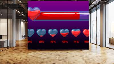 Life scale in percent, health bar with hearts for game. Wall mural