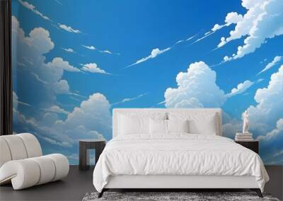 Blue sky with clouds. Anime style background with shining sun and white fluffy clouds. Sunny day sky scene cartoon vector illustration. Heavens with bright weather, summer season outdoor Wall mural