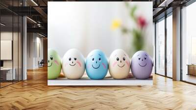 Easter eggs with cute faces on white wooden background. Happy Easter concept. Wall mural