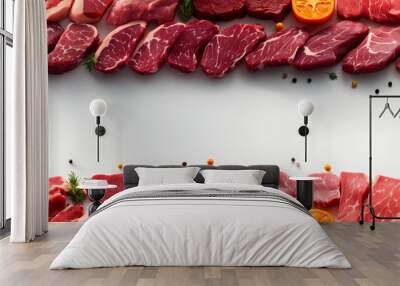 Raw meat on white background with space for text. Top view. Wall mural