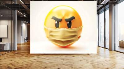 emoji icon of a face with a medical mask showing a cautious expression in bright yellow set against a white background The rendering is highly realistic Wall mural