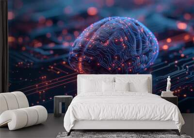 AI Brain Photograph a stylized representation of a human brain with circuitry or digital elements integrated, symbolizing the concept of artificial intelligence and machine learning Wall mural