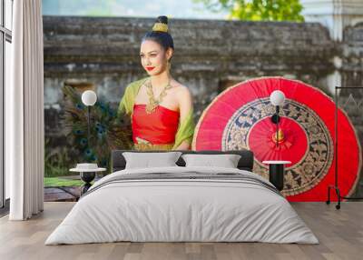 Thai girl in traditional thai red costume, identity culture of Thailand, identity culture of Asia Wall mural